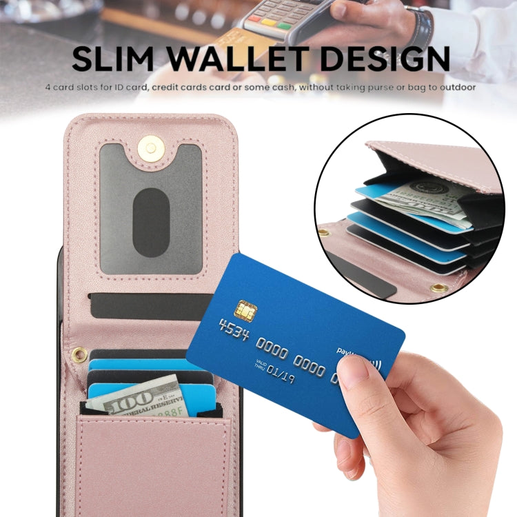 For iPhone 16 YM015 Crossbody Rhombic Card Bag RFID Phone Case(Rose Gold) - iPhone 16 Cases by buy2fix | Online Shopping UK | buy2fix