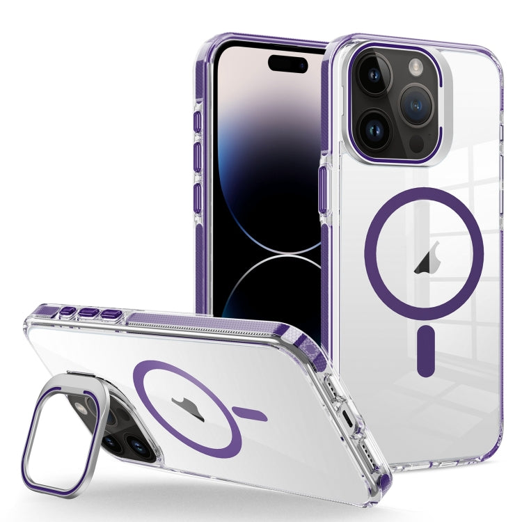 For iPhone 14 Pro J2 High Transparent MagSafe Magnetic Frame Holder Phone Case(Dark Purple) - iPhone 14 Pro Cases by buy2fix | Online Shopping UK | buy2fix