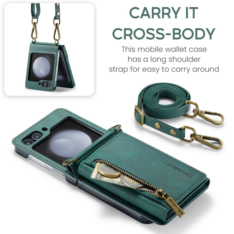 For Samsung Galaxy Z Flip5 5G DG.MING M5 Series Zip RFID Multi Card Detachable Leather Phone Case with Long Lanyard(Green) - Galaxy Z Flip5 Cases by DG.MING | Online Shopping UK | buy2fix