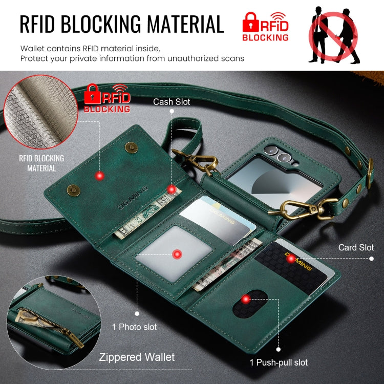 For Samsung Galaxy Z Flip6 DG.MING M5 Series Zip RFID Multi Card Detachable Leather Phone Case with Long Lanyard(Green) - Galaxy Z Flip6 5G Cases by DG.MING | Online Shopping UK | buy2fix