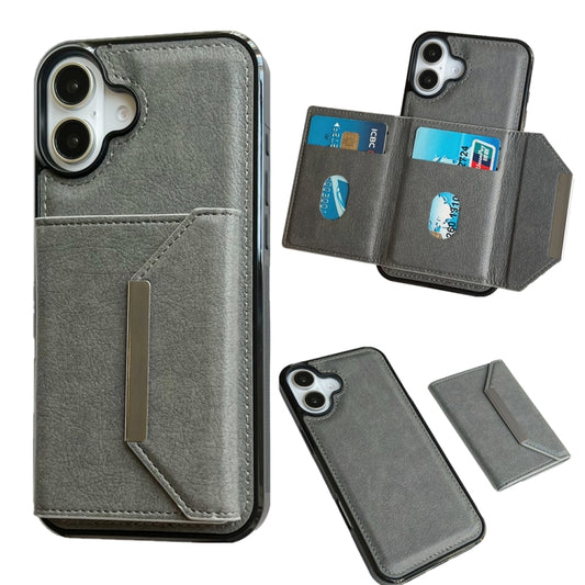 For iPhone 16 Solid Color Metal Buckle Card Slots Bag Phone Case(Grey) - iPhone 16 Cases by buy2fix | Online Shopping UK | buy2fix