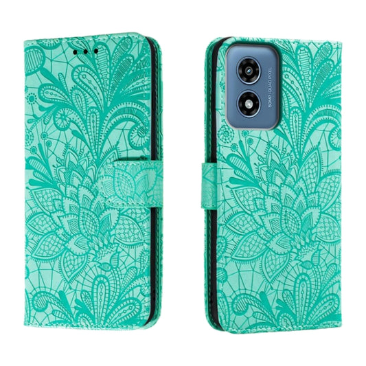 For Motorola Moto G Play 2024 Lace Flower Embossing Flip Leather Phone Case(Green) - Motorola Cases by buy2fix | Online Shopping UK | buy2fix