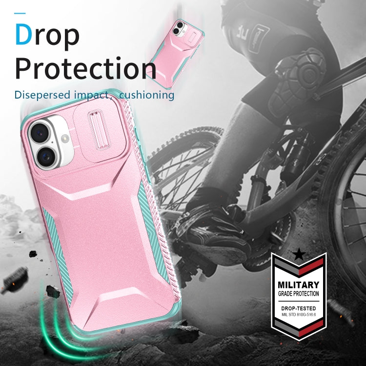 For iPhone 16 Sliding Camshield Phone Case(Pink + Grey Green) - iPhone 16 Cases by buy2fix | Online Shopping UK | buy2fix