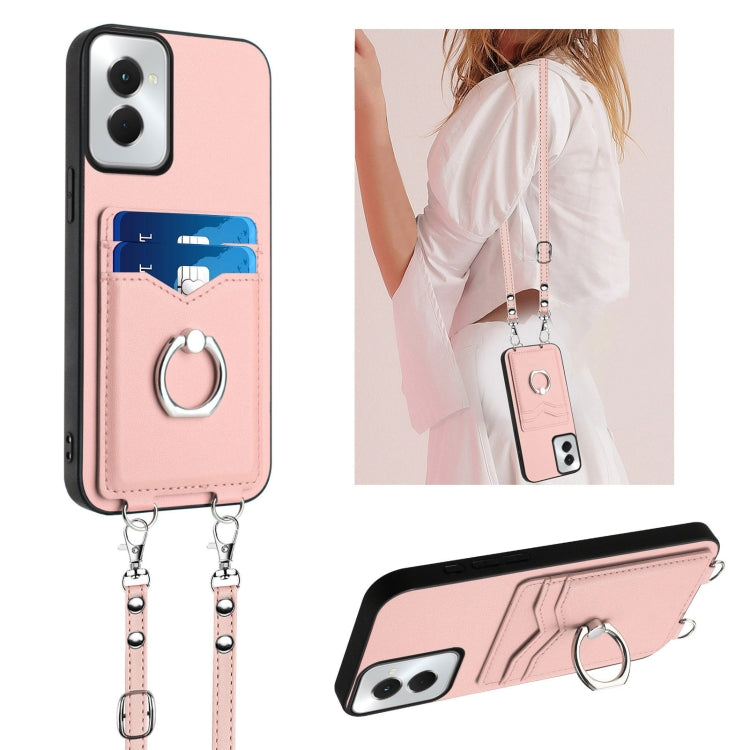 For Motorola Moto G Power 5G 2024 R20 Crossbody Rope Ring Card Holder Phone Case(Pink) - Motorola Cases by buy2fix | Online Shopping UK | buy2fix