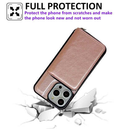 For iPhone 16 Pro Solid Color Zipper 11-Card Slots Bag Phone Case with Lanyard(Rose Gold) - iPhone 16 Pro Cases by buy2fix | Online Shopping UK | buy2fix