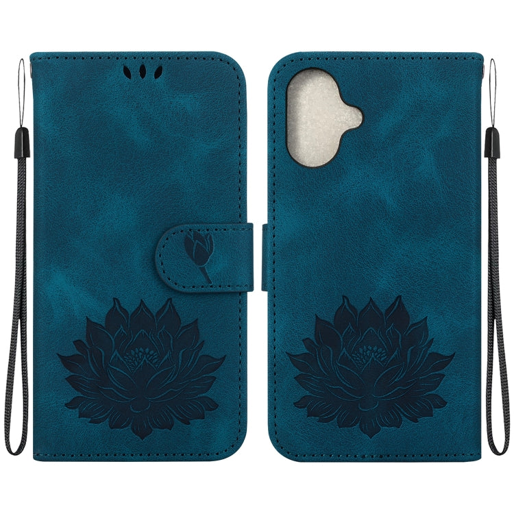 For iPhone 16 Lotus Embossed Leather Phone Case(Dark Blue) - iPhone 16 Cases by buy2fix | Online Shopping UK | buy2fix