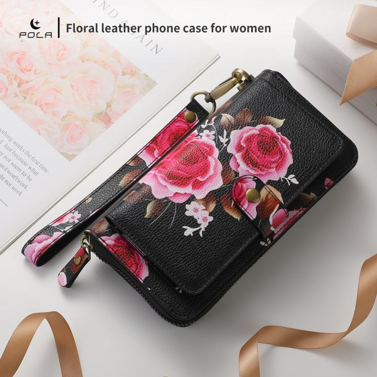 For iPhone 14 POLA MagSafe Flower Multi-functional Zipper Wallet Leather Phone Case(Black) - iPhone 14 Cases by buy2fix | Online Shopping UK | buy2fix