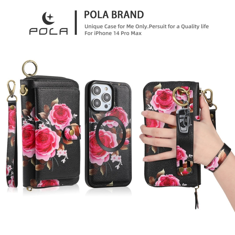 For iPhone 14 Pro Max POLA MagSafe Flower Multi-functional Zipper Wallet Leather Phone Case(Black) - iPhone 14 Pro Max Cases by buy2fix | Online Shopping UK | buy2fix