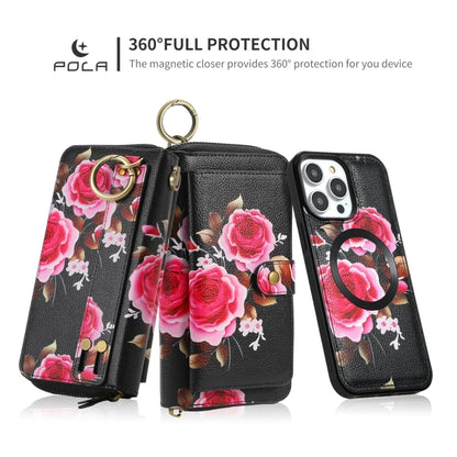 For iPhone 14 Pro Max POLA MagSafe Flower Multi-functional Zipper Wallet Leather Phone Case(Black) - iPhone 14 Pro Max Cases by buy2fix | Online Shopping UK | buy2fix