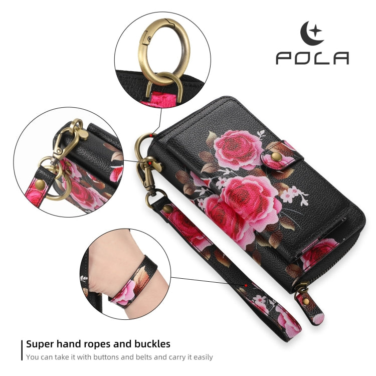 For iPhone 14 Pro Max POLA MagSafe Flower Multi-functional Zipper Wallet Leather Phone Case(Black) - iPhone 14 Pro Max Cases by buy2fix | Online Shopping UK | buy2fix