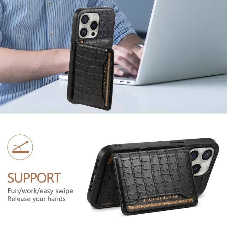 For iPhone 16 Pro Crocodile Texture Card Bag Design Full Coverage Phone Case(Black) - iPhone 16 Pro Cases by buy2fix | Online Shopping UK | buy2fix