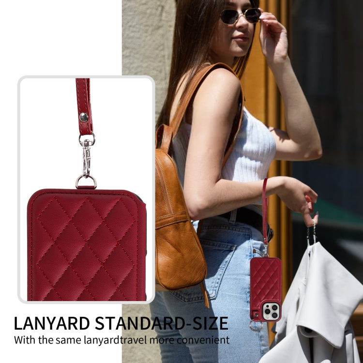 For iPhone 16 Pro Rhombic Texture Card Bag Phone Case with Short Lanyard(Wine Red) - iPhone 16 Pro Cases by buy2fix | Online Shopping UK | buy2fix