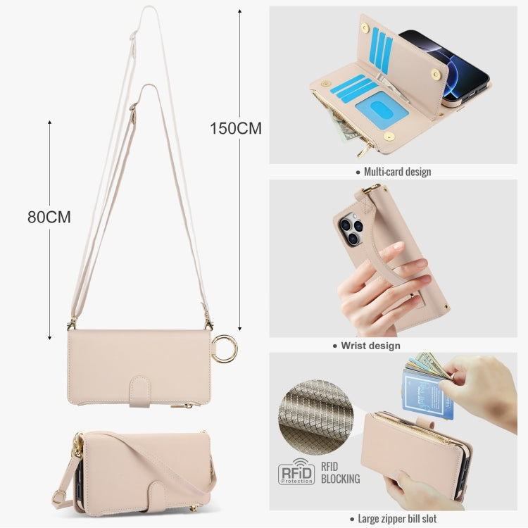 For iPhone 16 Pro Crossbody Ring Multifunctional Wallet Leather Phone Case(White) - More iPhone Cases by buy2fix | Online Shopping UK | buy2fix