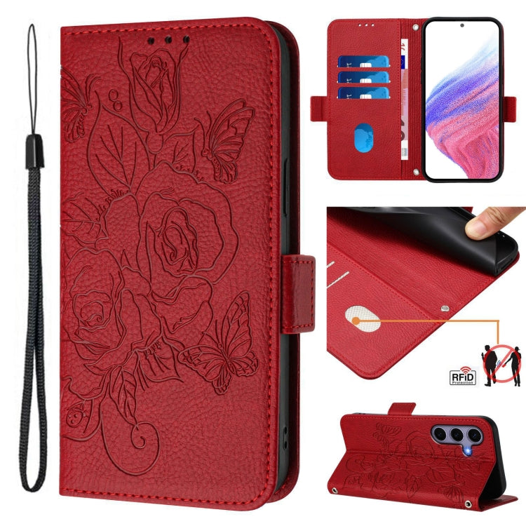 For Samsung Galaxy S25 5G Embossed Rose RFID Anti-theft Leather Phone Case(Red) - Galaxy S25 5G Cases by buy2fix | Online Shopping UK | buy2fix