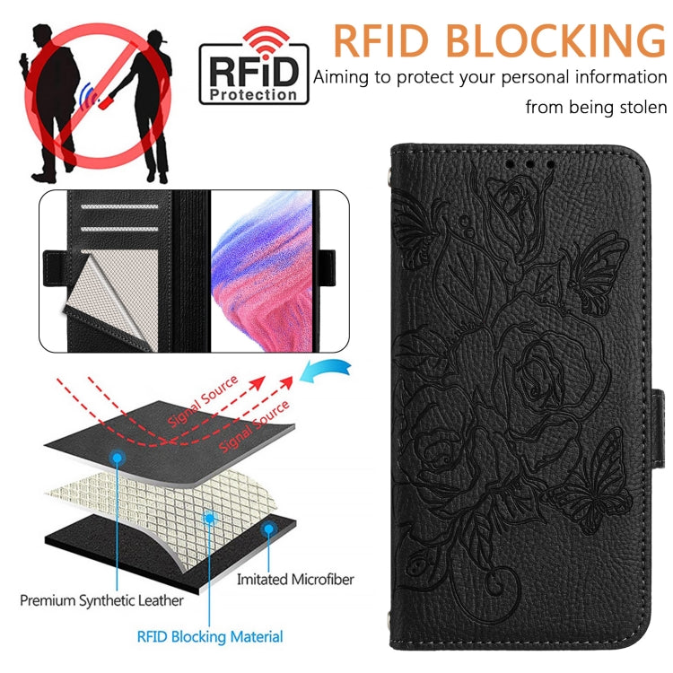 For Blackview Color 8 / Oscal Modern 8 Embossed Rose RFID Anti-theft Leather Phone Case(Black) - More Brand by buy2fix | Online Shopping UK | buy2fix