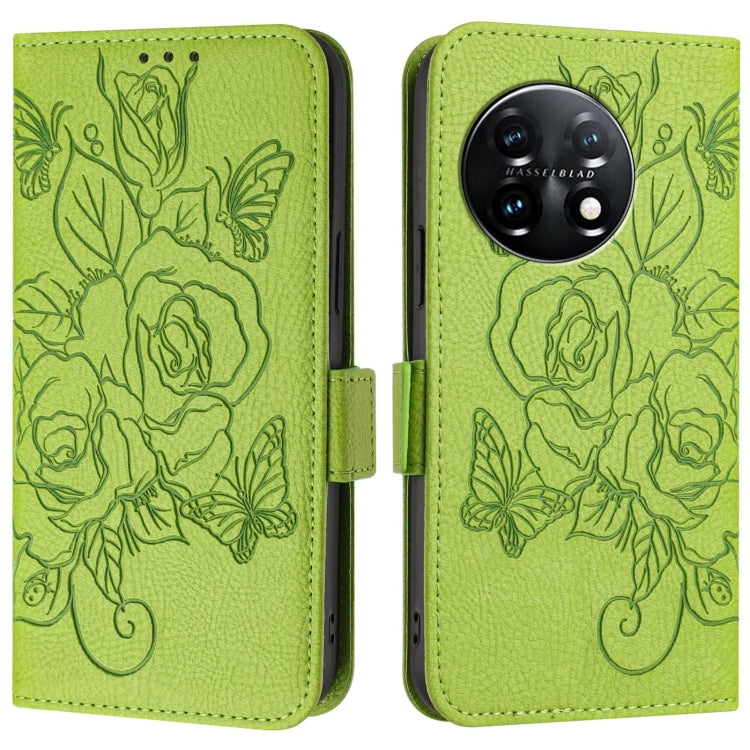 For OnePlus 11 Embossed Rose RFID Anti-theft Leather Phone Case(Green) - OnePlus Cases by buy2fix | Online Shopping UK | buy2fix