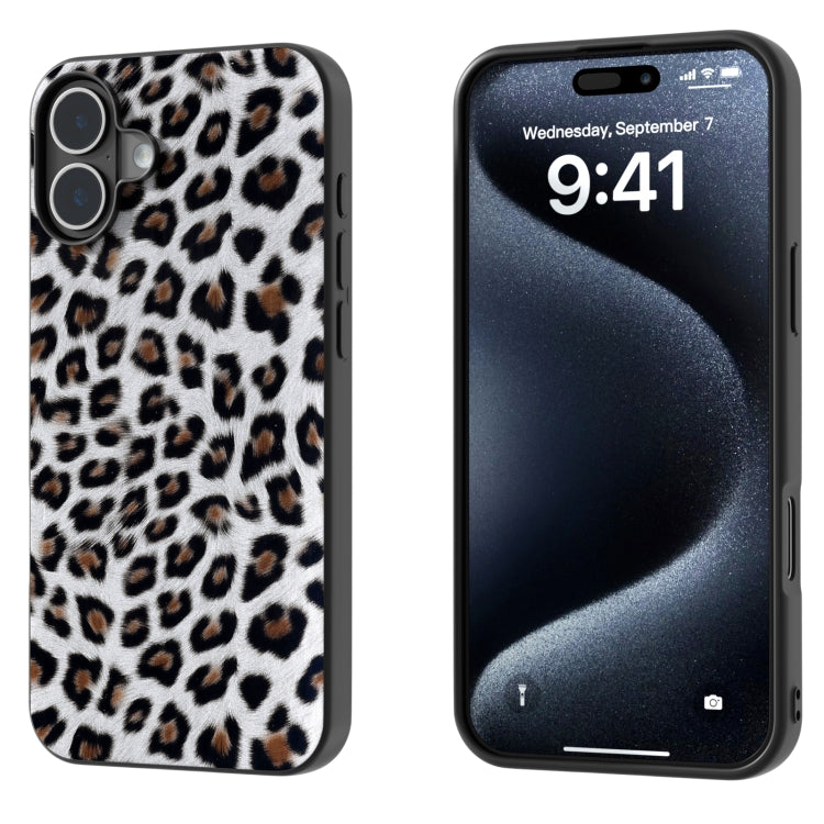 For iPhone 16 Plus Black Frame Leopard Phone Case(Silver Leopard) - iPhone 16 Plus Cases by buy2fix | Online Shopping UK | buy2fix