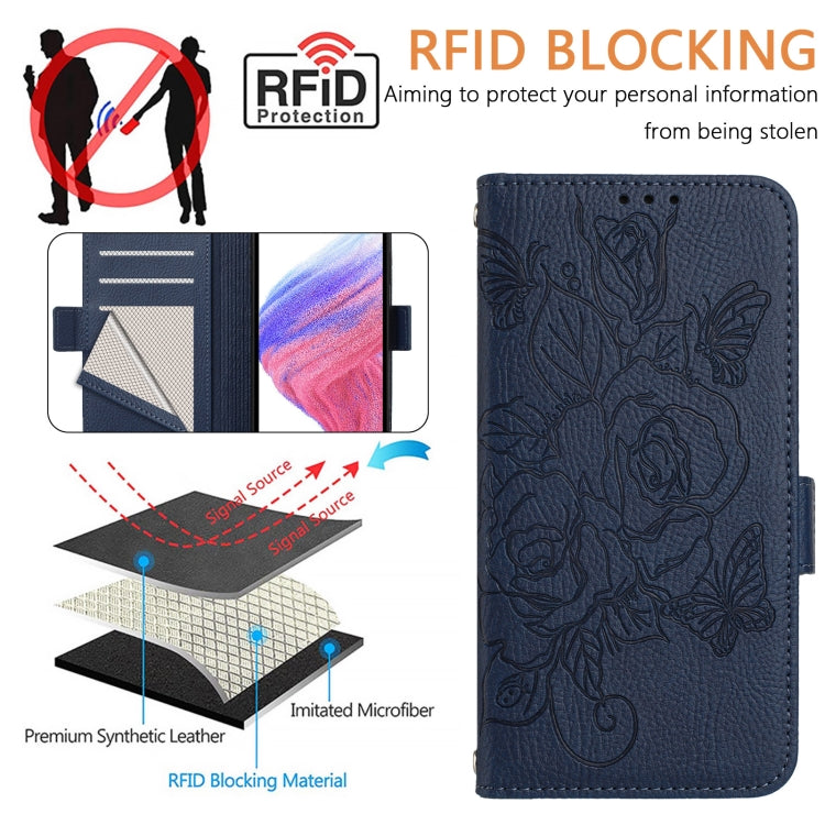 For Motorola Moto G Stylus 5G 2024 Embossed Rose RFID Anti-theft Leather Phone Case(Dark Blue) - Motorola Cases by buy2fix | Online Shopping UK | buy2fix