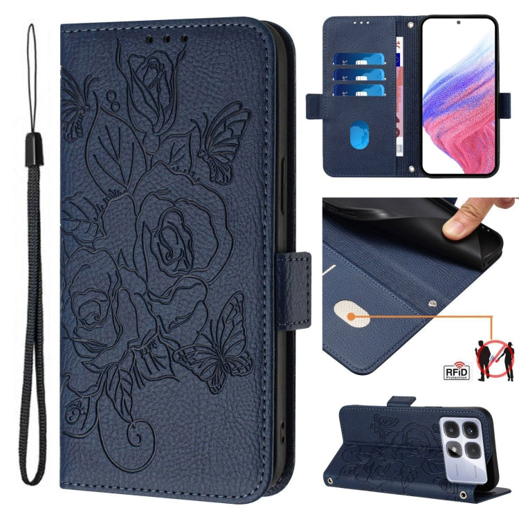 For Redmi K70 Ultra 5G Global Embossed Rose RFID Anti-theft Leather Phone Case(Dark Blue) - Xiaomi Cases by buy2fix | Online Shopping UK | buy2fix