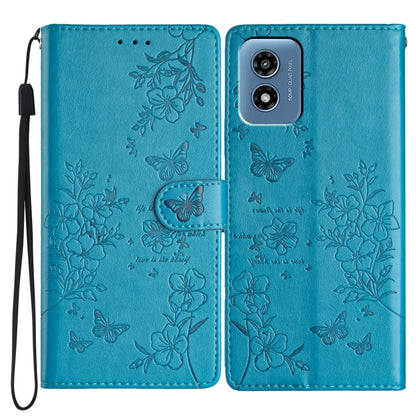 For Motorola Moto G Play 2024 Butterflies and Flowers Leather Phone Case(Blue) - Motorola Cases by buy2fix | Online Shopping UK | buy2fix