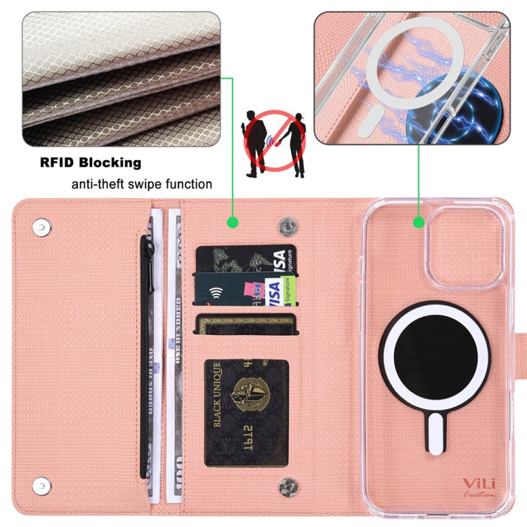 For iPhone 15 Plus ViLi GHB-C Series RFID MagSafe Magnetic Flip Leather Phone Case(Pink) - iPhone 15 Plus Cases by ViLi | Online Shopping UK | buy2fix