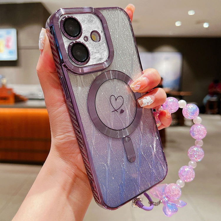 For iPhone 16 Plus Loves Leaves Gradient Glitter Bracelets Carbon Fiber Magsafe TPU Phone Case(Purple) - iPhone 16 Plus Cases by buy2fix | Online Shopping UK | buy2fix