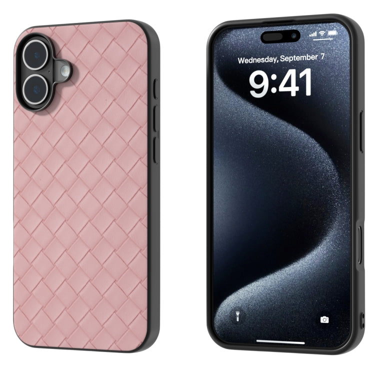 For iPhone 16 Black Frame Woven Texture PU Phone Case(Pink) - iPhone 16 Cases by buy2fix | Online Shopping UK | buy2fix