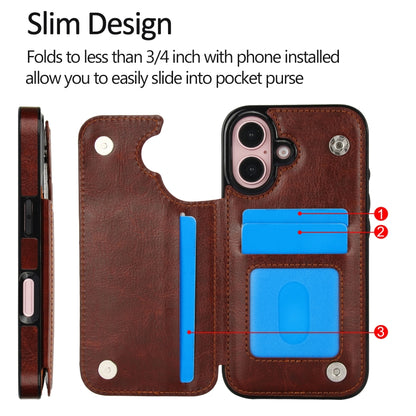 For iPhone 16 Plus Double Buckle Crazy Horse Texture PU Phone Case(Brown) - iPhone 16 Plus Cases by buy2fix | Online Shopping UK | buy2fix