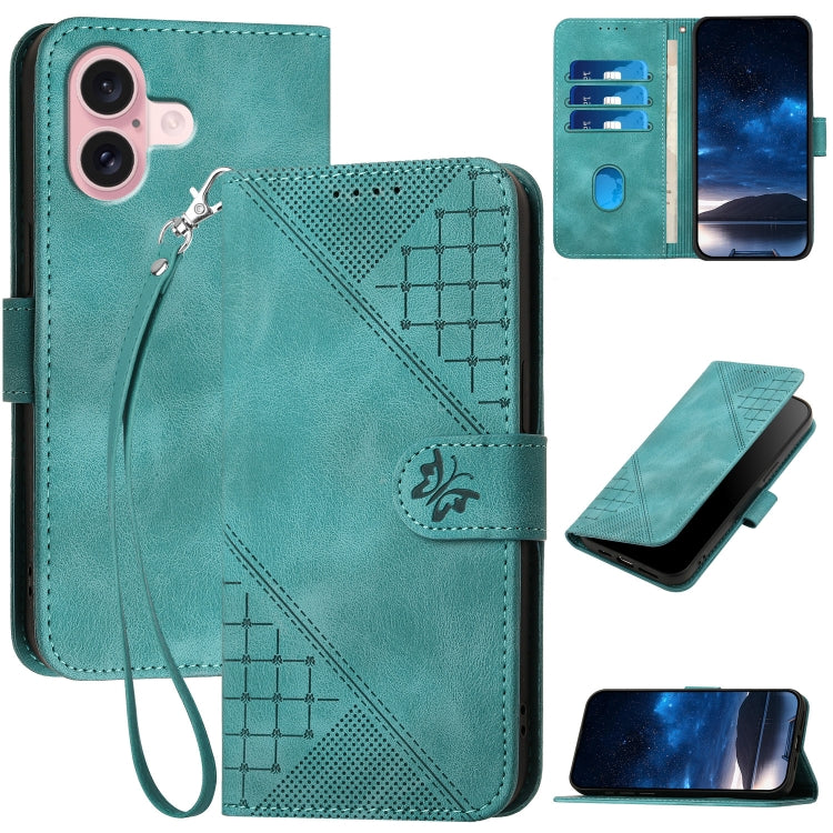 For iPhone 16 YX0080 Grid Butterfly Embossed Pattern Flip Leather Phone Case with Lanyard(Light Blue) - iPhone 16 Cases by buy2fix | Online Shopping UK | buy2fix