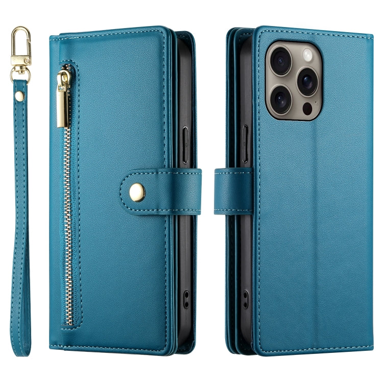 For iPhone 16 Pro Nine Card-slot Zipper Wallet Bag Leather Phone Case(Blue) - iPhone 16 Pro Cases by buy2fix | Online Shopping UK | buy2fix