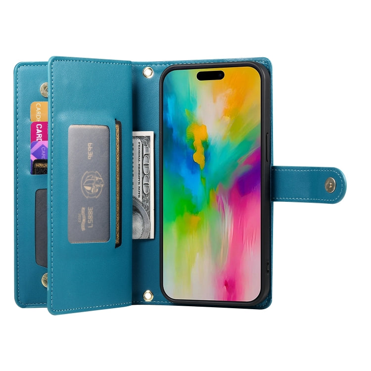 For iPhone 16 Pro Nine Card-slot Zipper Wallet Bag Leather Phone Case(Blue) - iPhone 16 Pro Cases by buy2fix | Online Shopping UK | buy2fix