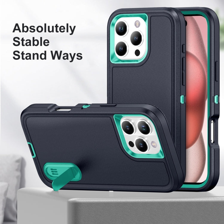 For iPhone 16 Pro Max Rugged PC + Silicone Phone Case with Holder(Dark Blue+Light Green) - iPhone 16 Pro Max Cases by buy2fix | Online Shopping UK | buy2fix