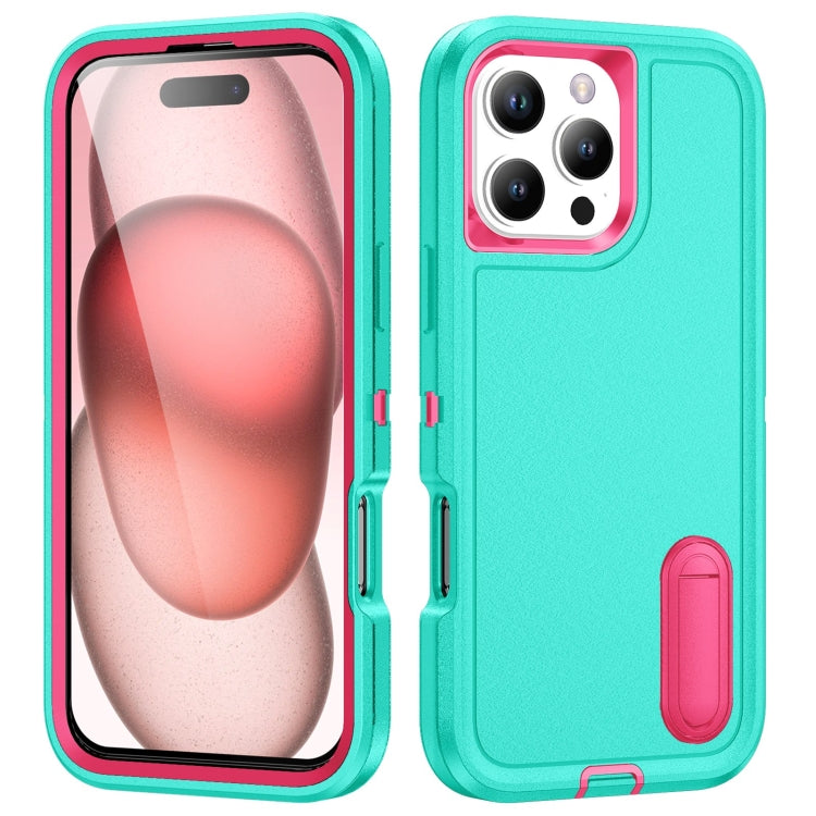 For iPhone 16 Pro Rugged PC + Silicone Phone Case with Holder(Light Green+Rose Red) - iPhone 16 Pro Cases by buy2fix | Online Shopping UK | buy2fix