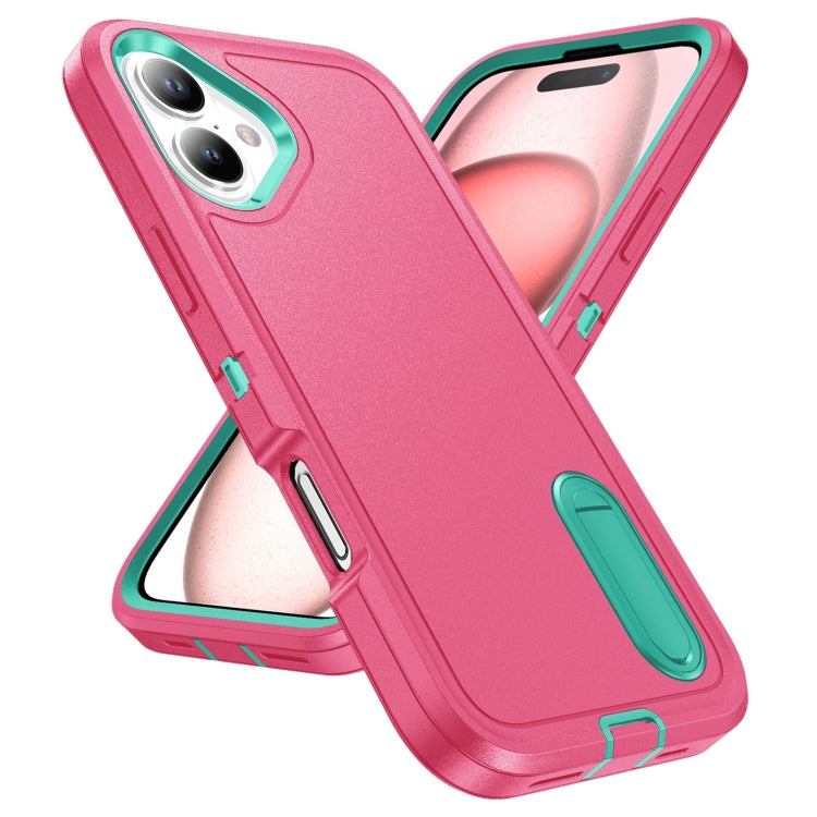 For iPhone 16 Rugged PC + Silicone Phone Case with Holder(Rose Red+Light Green) - iPhone 16 Cases by buy2fix | Online Shopping UK | buy2fix