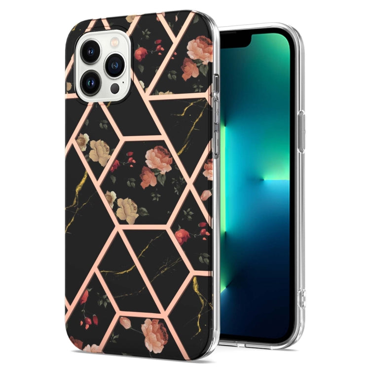 For iPhone 16 Pro Max Splicing Marble Flower IMD TPU Phone Case(Black Flower) - iPhone 16 Pro Max Cases by buy2fix | Online Shopping UK | buy2fix