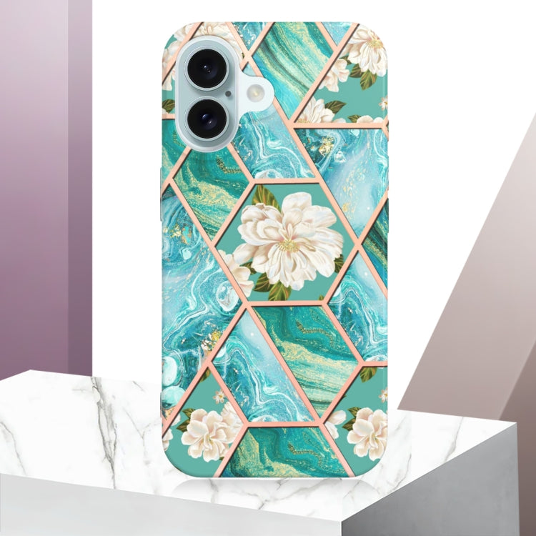 For iPhone 16 Splicing Marble Flower IMD TPU Phone Case(Blue Flower) - iPhone 16 Cases by buy2fix | Online Shopping UK | buy2fix