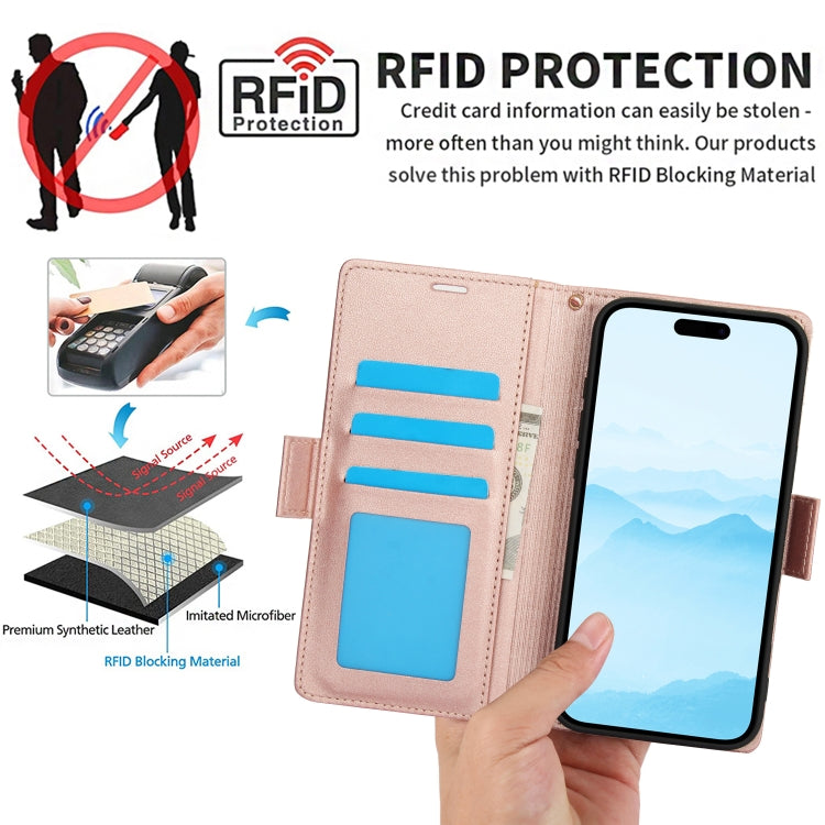 For iPhone 16 Plus Side Buckle RFID Anti-theft Leather Phone Case(Rose Gold) - iPhone 16 Plus Cases by buy2fix | Online Shopping UK | buy2fix