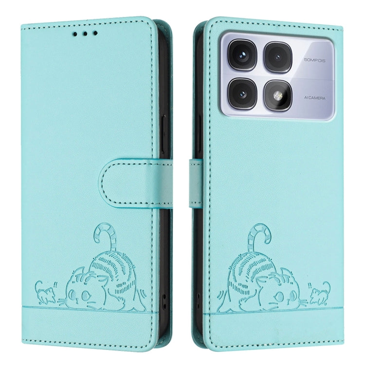 For Redmi K70 Ultra 5G Global Cat Rat Embossed Pattern RFID Leather Phone Case with Lanyard(Mint Green) - Xiaomi Cases by buy2fix | Online Shopping UK | buy2fix