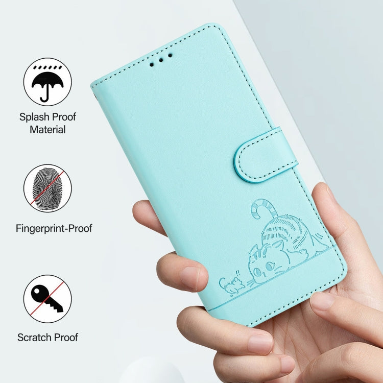 For Redmi K70 Ultra 5G Global Cat Rat Embossed Pattern RFID Leather Phone Case with Lanyard(Mint Green) - Xiaomi Cases by buy2fix | Online Shopping UK | buy2fix