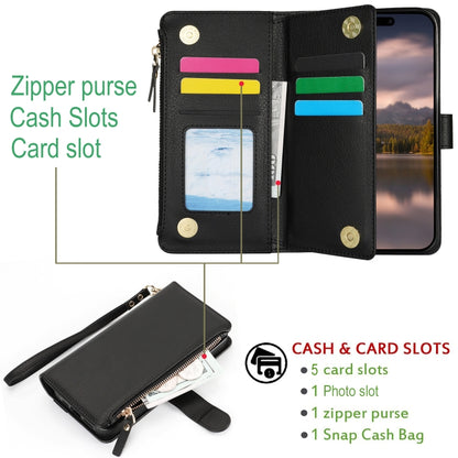 For iPhone 16 Wristband Holder Zipper Purse RFID Leather Phone Case(Black) - iPhone 16 Cases by buy2fix | Online Shopping UK | buy2fix