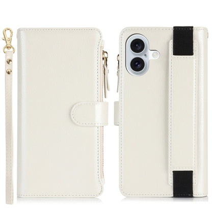 For iPhone 16 Plus Wristband Holder Zipper Purse RFID Leather Phone Case(White) - iPhone 16 Plus Cases by buy2fix | Online Shopping UK | buy2fix