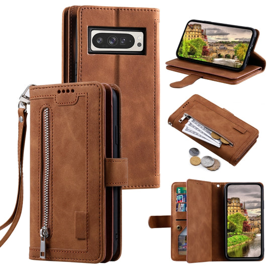 For Google Pixel 9 Pro XL Zipper Wallet Bag Horizontal Flip PU Phone Case with 9 Card Slots(Brown) - Google Cases by buy2fix | Online Shopping UK | buy2fix