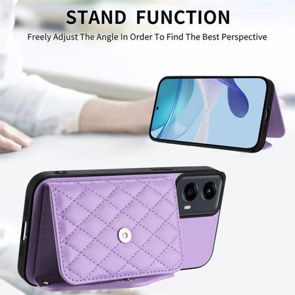 For Motorola Moto G 5G 2024 Rhombic Texture Card Bag RFID Phone Case with Long Lanyard(Light Purple) - Motorola Cases by buy2fix | Online Shopping UK | buy2fix