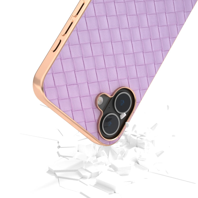 For iPhone 16 Electroplated Frame Woven Texture PU Phone Case(Purple) - iPhone 16 Cases by buy2fix | Online Shopping UK | buy2fix