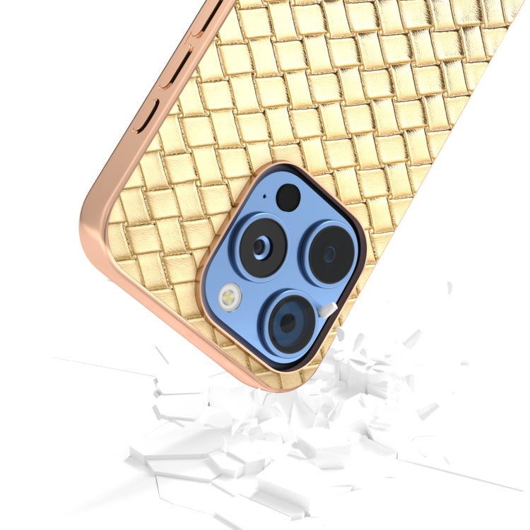 For iPhone 16 Pro Max Electroplated Frame Woven Texture PU Phone Case(Gold) - iPhone 16 Pro Max Cases by buy2fix | Online Shopping UK | buy2fix