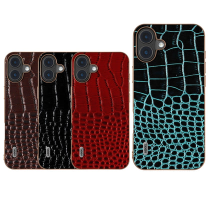 For iPhone 16 Plus ABEEL Electroplated Frame Genuine Leather Crocodile Pattern Phone Case(Black) - iPhone 16 Plus Cases by buy2fix | Online Shopping UK | buy2fix