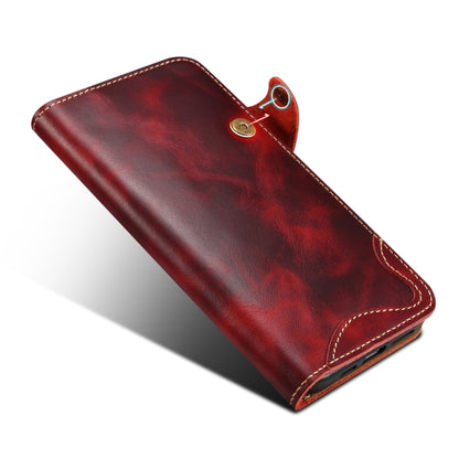 For iPhone 16 Denior B01 Oil Wax Cowhide Magnetic Button Genuine Leather Case(Red) - iPhone 16 Cases by Denior | Online Shopping UK | buy2fix