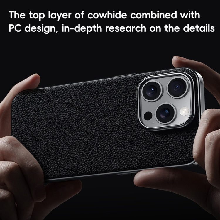 For iPhone 16 Pro First Layer Cowhide Leather Electroplated PC Phone Case(Black) - iPhone 16 Pro Cases by buy2fix | Online Shopping UK | buy2fix