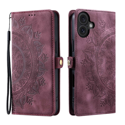 For iPhone 16 Plus Skin Feel Totem Embossed Leather Phone Case(Wine Red) - iPhone 16 Plus Cases by buy2fix | Online Shopping UK | buy2fix