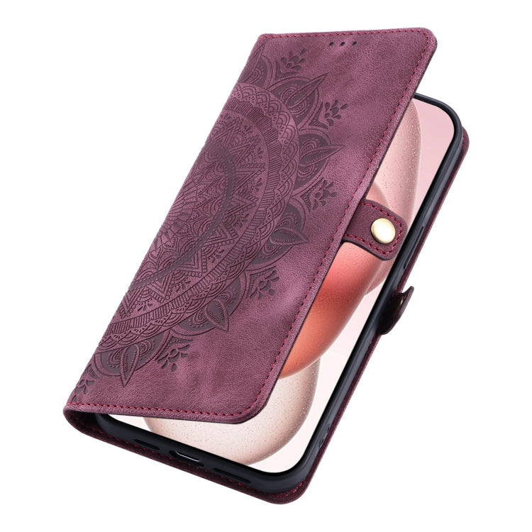 For iPhone 16 Skin Feel Totem Embossed Leather Phone Case(Wine Red) - iPhone 16 Cases by buy2fix | Online Shopping UK | buy2fix